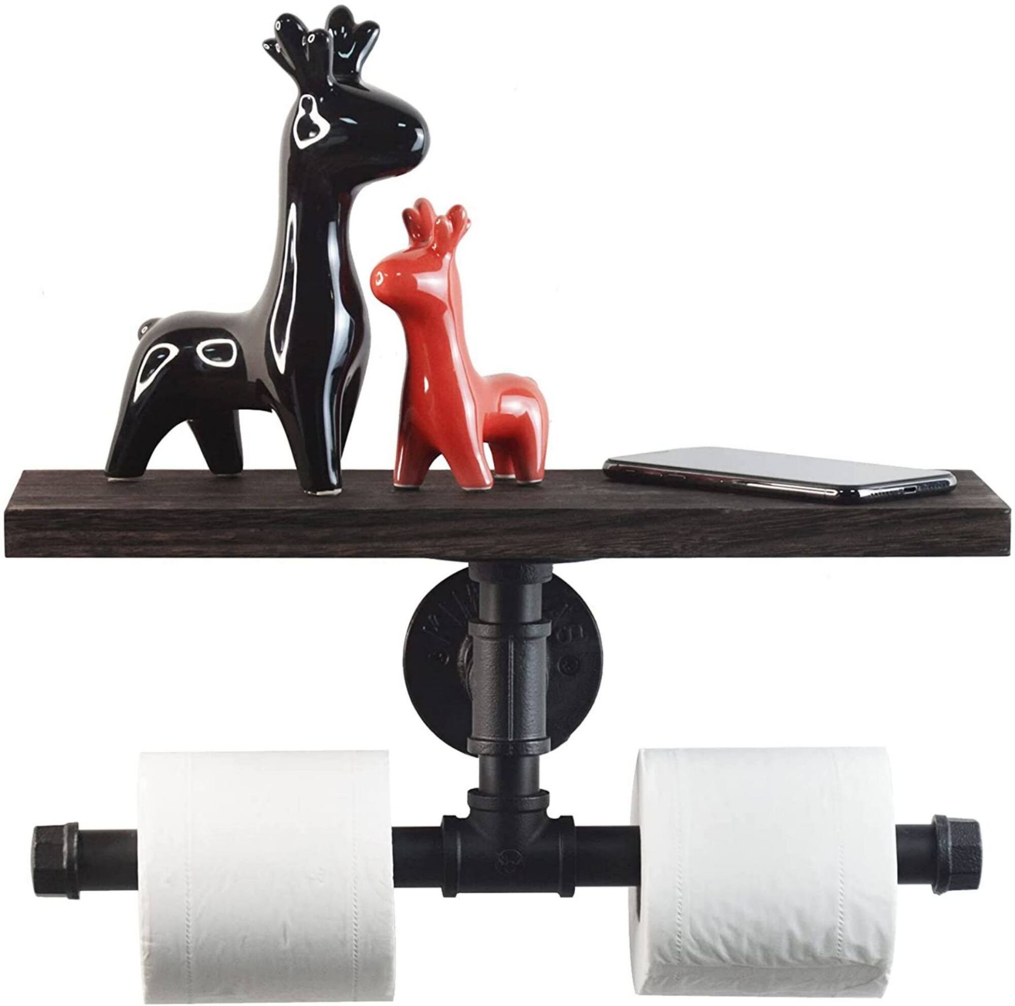 Black Wall Mounted Industrial Dual Toilet Paper Holder with Storage Shelf